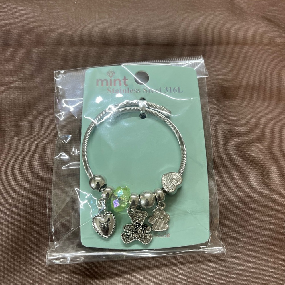 Mint Silver Tone Teddy Bear Charm Bracelet with Light Green Crystal Accent Gift